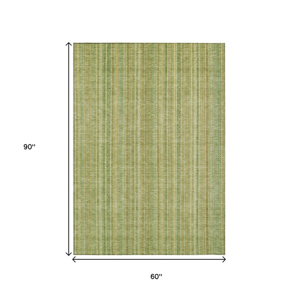 HomeRoots 5' Elegant Striped Area Rug in Artichoke Green, Fern Green, and Gold for Indoor/Outdoor Spaces 5' X 8' 616395