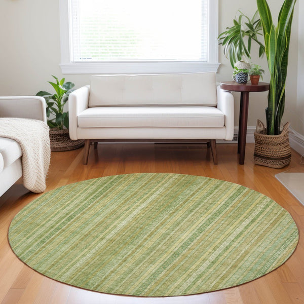 HomeRoots 5' Elegant Striped Area Rug in Artichoke Green, Fern Green, and Gold for Indoor/Outdoor Spaces 8' Round 616396