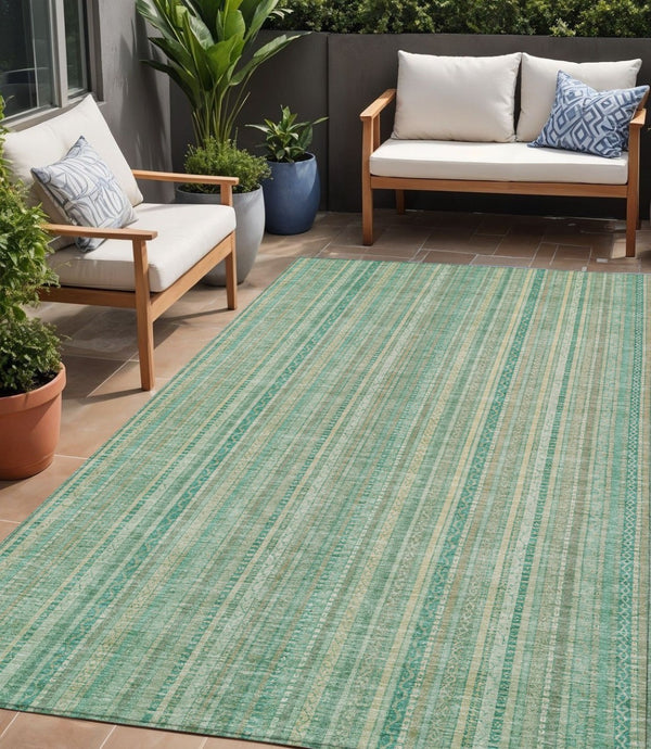 HomeRoots 5' Aqua Beige Teal Striped Area Rug - Durable, Washable Indoor/Outdoor Design for Coastal Style 5' X 8' 616401