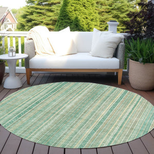 HomeRoots 5' Aqua Beige Teal Striped Area Rug - Durable, Washable Indoor/Outdoor Design for Coastal Style 8' Round 616402
