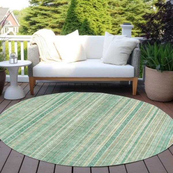 HomeRoots 5' Aqua Beige Teal Striped Area Rug - Durable, Washable Indoor/Outdoor Design for Coastal Style 8' Round 616402