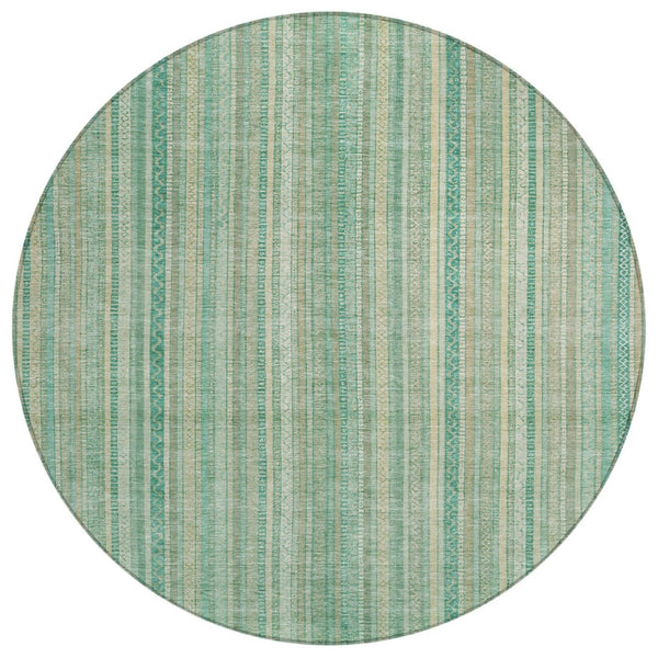 HomeRoots 5' Aqua Beige Teal Striped Area Rug - Durable, Washable Indoor/Outdoor Design for Coastal Style 8' Round 616402