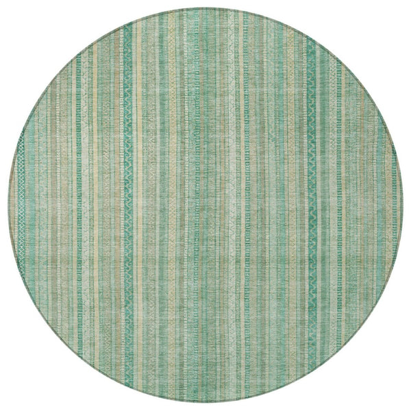 HomeRoots 5' Aqua Beige Teal Striped Area Rug - Durable, Washable Indoor/Outdoor Design for Coastal Style 8' Round 616402