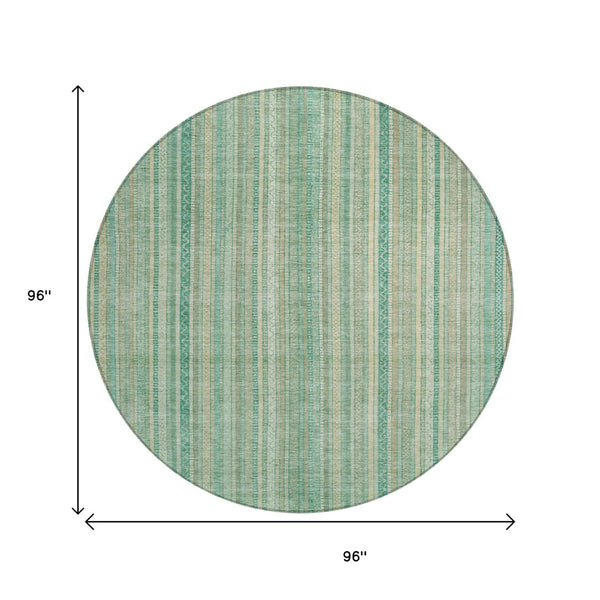 HomeRoots 5' Aqua Beige Teal Striped Area Rug - Durable, Washable Indoor/Outdoor Design for Coastal Style 8' Round 616402