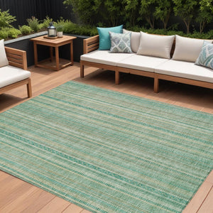HomeRoots 5' Aqua Beige Teal Striped Area Rug - Durable, Washable Indoor/Outdoor Design for Coastal Style 8' X 10' 616403