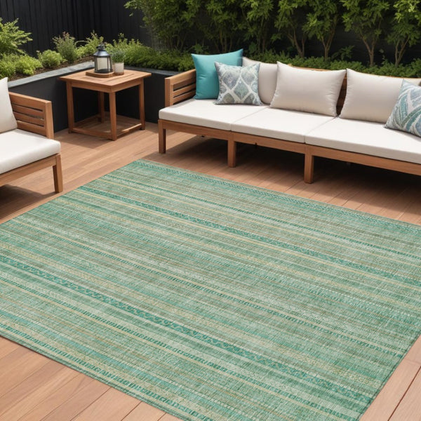 HomeRoots 5' Aqua Beige Teal Striped Area Rug - Durable, Washable Indoor/Outdoor Design for Coastal Style 9' X 12' 616404