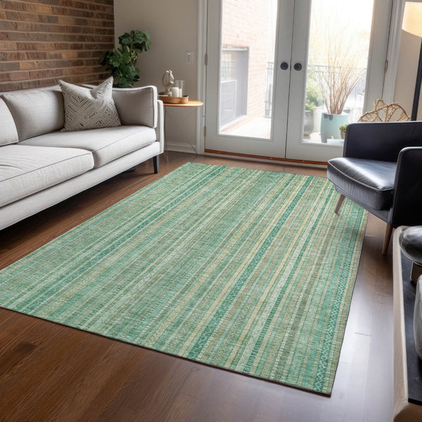 HomeRoots 5' Aqua Beige Teal Striped Area Rug - Durable, Washable Indoor/Outdoor Design for Coastal Style 9' X 12' 616404