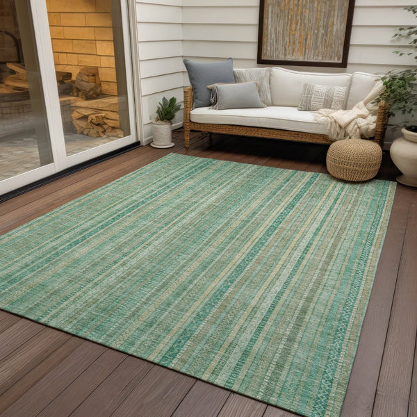 HomeRoots 5' Aqua Beige Teal Striped Area Rug - Durable, Washable Indoor/Outdoor Design for Coastal Style 10' X 14' 616405