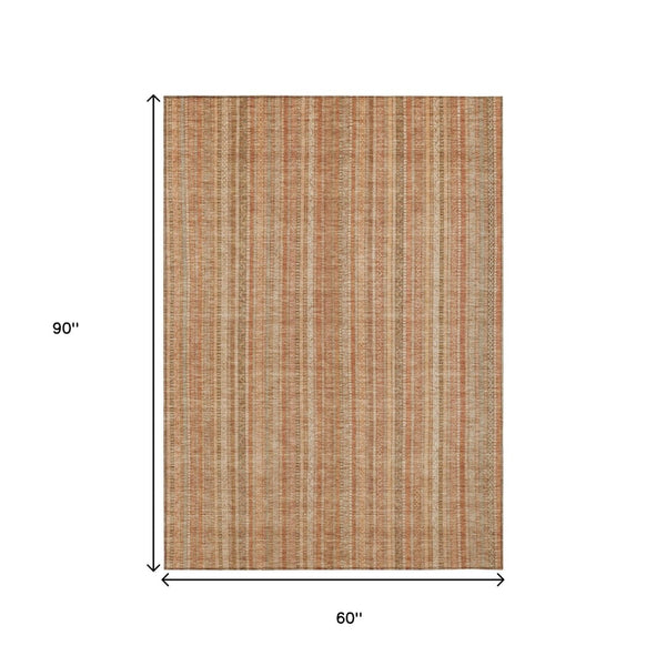 HomeRoots 5' Striped Washable Area Rug in Rust Beige & Linen – Durable, Stain-Resistant for Indoor & Outdoor Use 5' X 8' 616407