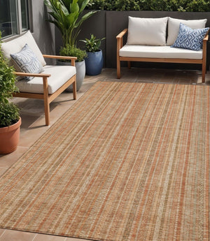 HomeRoots 5' Striped Washable Area Rug in Rust Beige & Linen – Durable, Stain-Resistant for Indoor & Outdoor Use 5' X 8' 616407