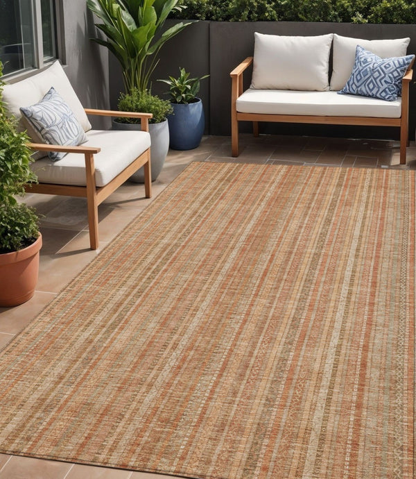HomeRoots 5' Striped Washable Area Rug in Rust Beige & Linen – Durable, Stain-Resistant for Indoor & Outdoor Use 5' X 8' 616407