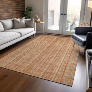 HomeRoots 5' Striped Washable Area Rug in Rust Beige & Linen – Durable, Stain-Resistant for Indoor & Outdoor Use 5' X 8' 616407