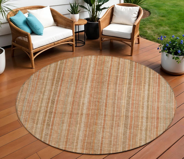 HomeRoots 5' Striped Washable Area Rug in Rust Beige & Linen – Durable, Stain-Resistant for Indoor & Outdoor Use 8' Round 616408