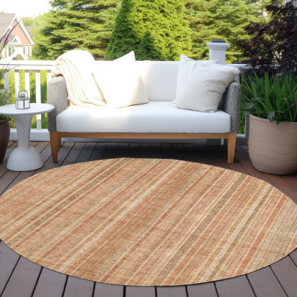 HomeRoots 5' Striped Washable Area Rug in Rust Beige & Linen – Durable, Stain-Resistant for Indoor & Outdoor Use 8' Round 616408