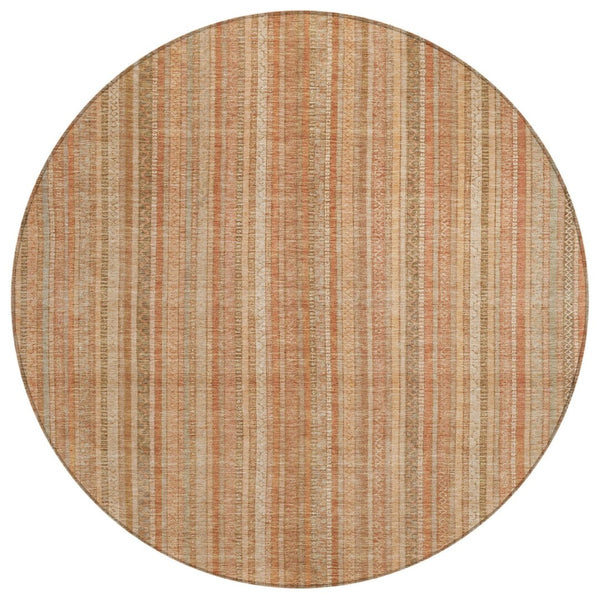 HomeRoots 5' Striped Washable Area Rug in Rust Beige & Linen – Durable, Stain-Resistant for Indoor & Outdoor Use 8' Round 616408