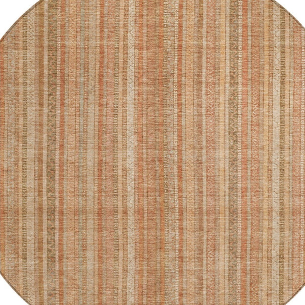HomeRoots 5' Striped Washable Area Rug in Rust Beige & Linen – Durable, Stain-Resistant for Indoor & Outdoor Use 8' Round 616408