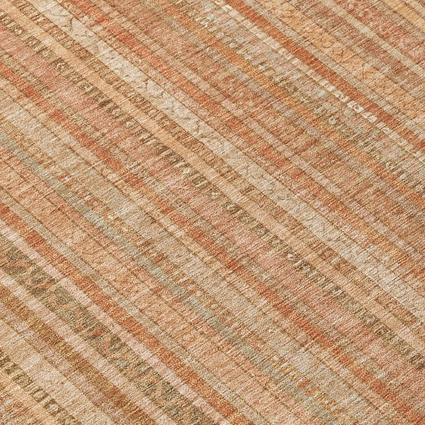 HomeRoots 5' Striped Washable Area Rug in Rust Beige & Linen – Durable, Stain-Resistant for Indoor & Outdoor Use 8' Round 616408