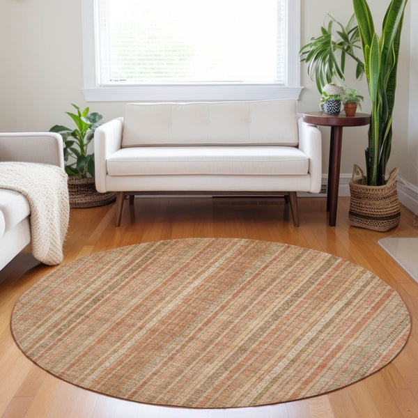 HomeRoots 5' Striped Washable Area Rug in Rust Beige & Linen – Durable, Stain-Resistant for Indoor & Outdoor Use 8' Round 616408