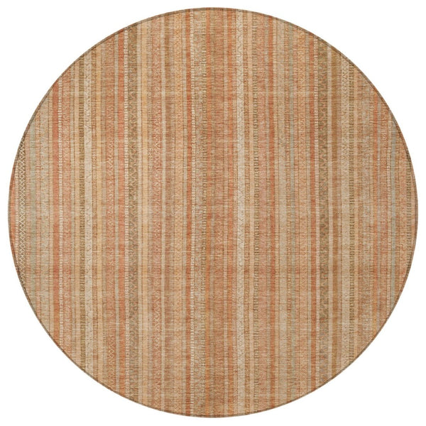 HomeRoots 5' Striped Washable Area Rug in Rust Beige & Linen – Durable, Stain-Resistant for Indoor & Outdoor Use 8' Round 616408