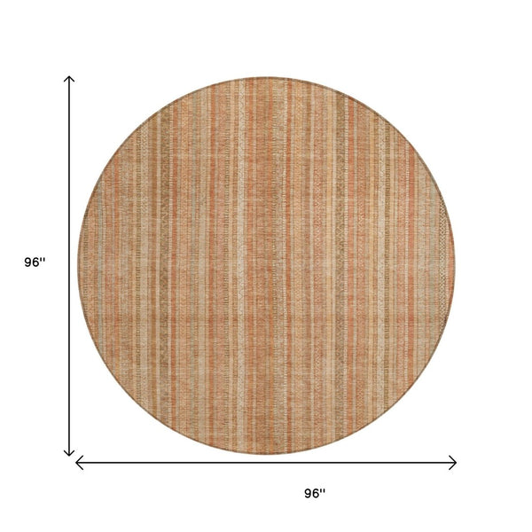 HomeRoots 5' Striped Washable Area Rug in Rust Beige & Linen – Durable, Stain-Resistant for Indoor & Outdoor Use 8' Round 616408