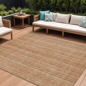 HomeRoots 5' Striped Washable Area Rug in Rust Beige & Linen – Durable, Stain-Resistant for Indoor & Outdoor Use 8' X 10' 616409
