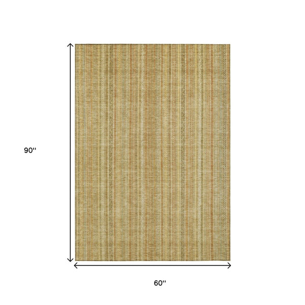 HomeRoots 5' Striped Indoor Outdoor Area Rug in Wheat Gold and Beige - Durable, Washable, Elegant Style 5' X 8' 616413