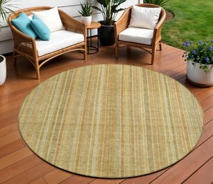 HomeRoots 5' Striped Indoor Outdoor Area Rug in Wheat Gold and Beige - Durable, Washable, Elegant Style 8' Round 616414