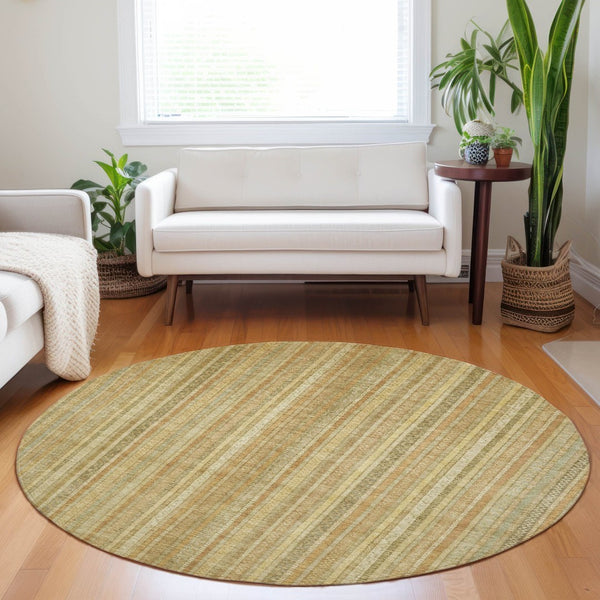 HomeRoots 5' Striped Indoor Outdoor Area Rug in Wheat Gold and Beige - Durable, Washable, Elegant Style 8' Round 616414