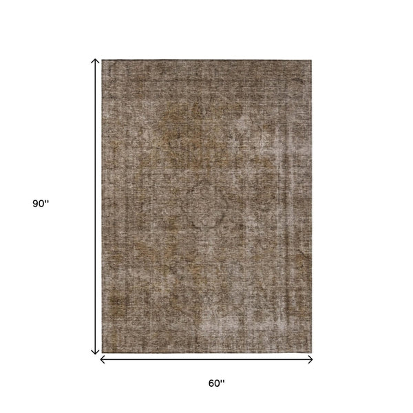 HomeRoots 5' Brown and Beige Medallion Washable Indoor Outdoor Area Rug for Elegant Spaces and Easy Care 5' X 8' 616419