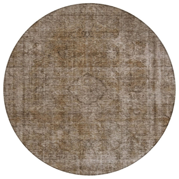 HomeRoots 5' Brown and Beige Medallion Washable Indoor Outdoor Area Rug for Elegant Spaces and Easy Care 8' Round 616420