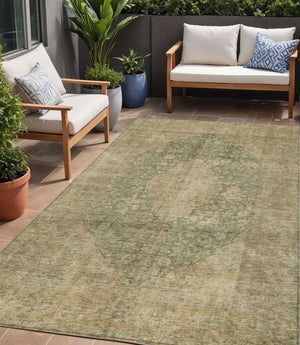 HomeRoots 5' Timeless Artichoke Green and Beige Medallion Indoor Outdoor Area Rug - Washable & Durable Design 5' X 8' 616443