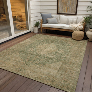 HomeRoots 5' Timeless Artichoke Green and Beige Medallion Indoor Outdoor Area Rug - Washable & Durable Design 5' X 8' 616443