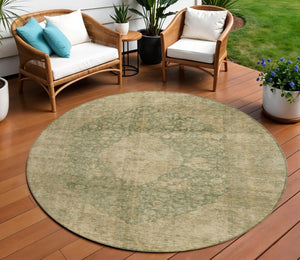 HomeRoots 5' Timeless Artichoke Green and Beige Medallion Indoor Outdoor Area Rug - Washable & Durable Design 8' Round 616444