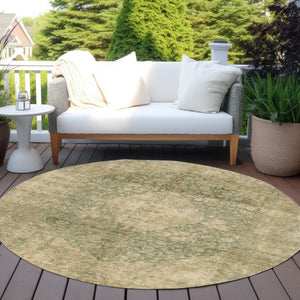HomeRoots 5' Timeless Artichoke Green and Beige Medallion Indoor Outdoor Area Rug - Washable & Durable Design 8' Round 616444