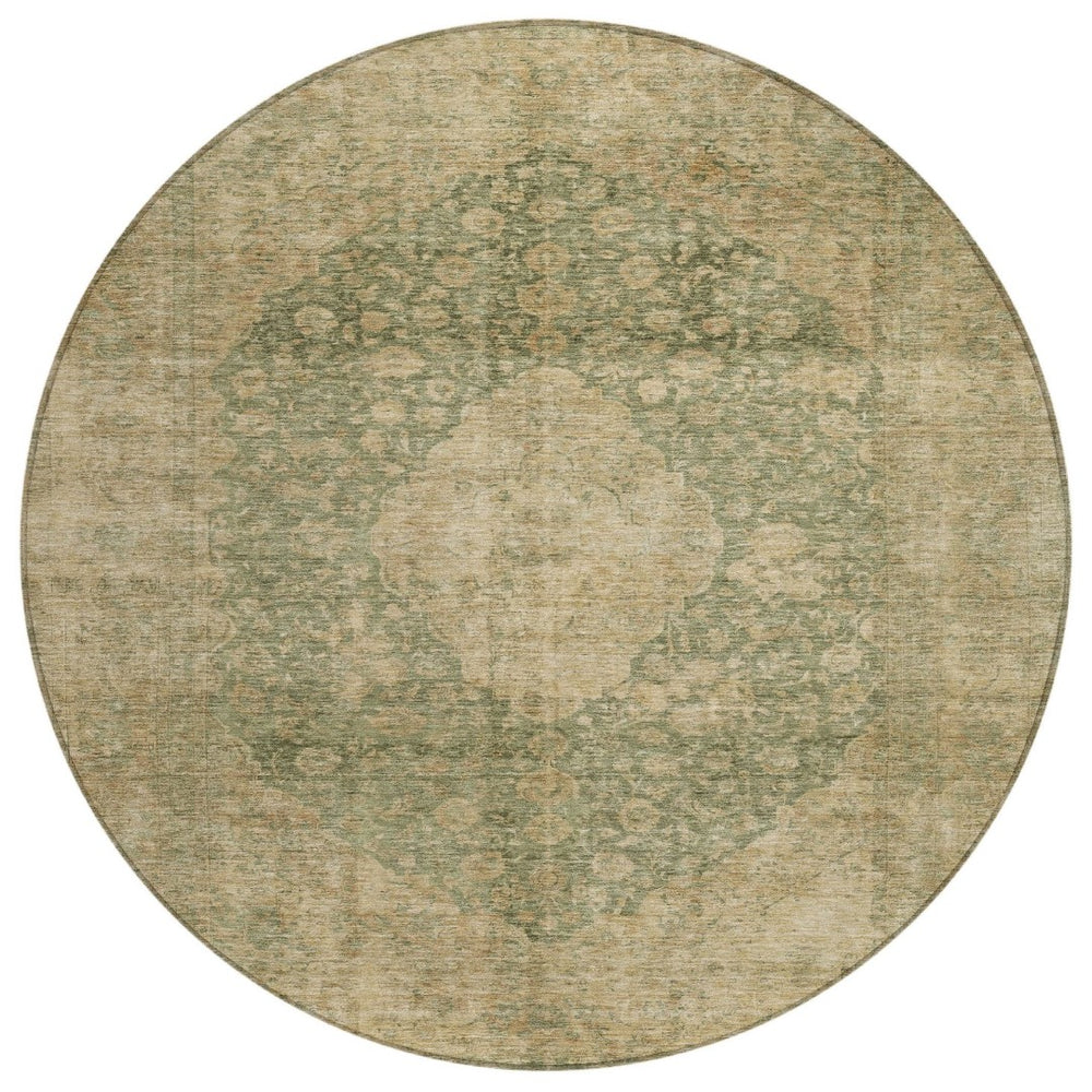 HomeRoots 5' Timeless Artichoke Green and Beige Medallion Indoor Outdoor Area Rug - Washable & Durable Design 8' Round 616444