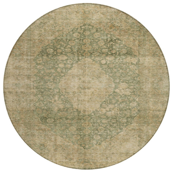 HomeRoots 5' Timeless Artichoke Green and Beige Medallion Indoor Outdoor Area Rug - Washable & Durable Design 8' Round 616444