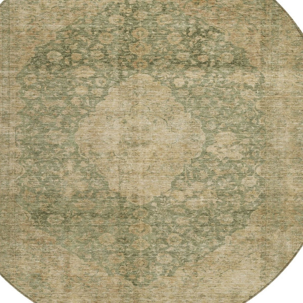 HomeRoots 5' Timeless Artichoke Green and Beige Medallion Indoor Outdoor Area Rug - Washable & Durable Design 8' Round 616444