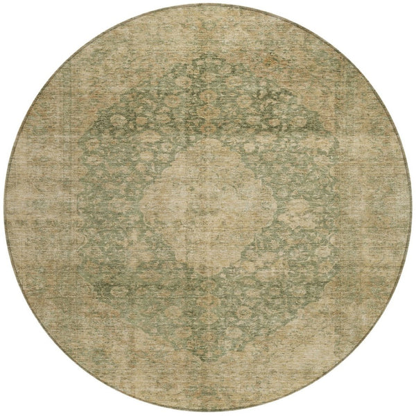 HomeRoots 5' Timeless Artichoke Green and Beige Medallion Indoor Outdoor Area Rug - Washable & Durable Design 8' Round 616444
