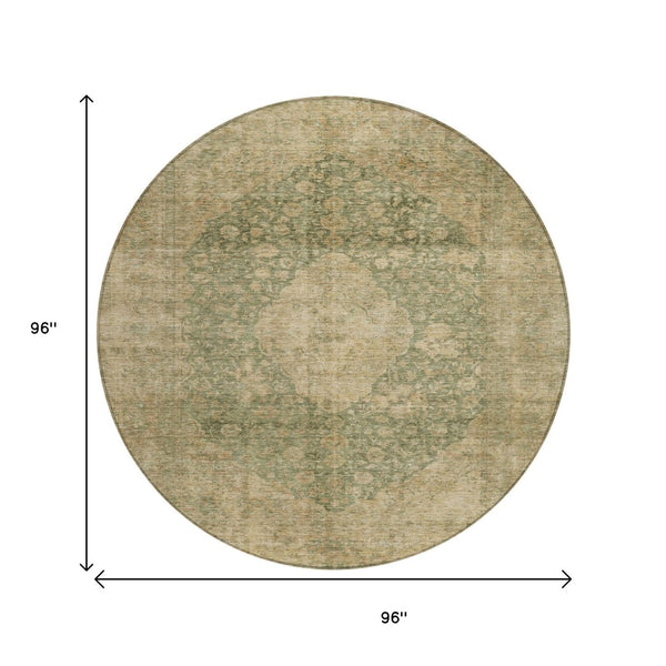 HomeRoots 5' Timeless Artichoke Green and Beige Medallion Indoor Outdoor Area Rug - Washable & Durable Design 8' Round 616444