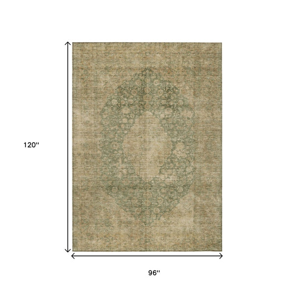 HomeRoots 5' Timeless Artichoke Green and Beige Medallion Indoor Outdoor Area Rug - Washable & Durable Design 8' X 10' 616445