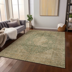 HomeRoots 5' Timeless Artichoke Green and Beige Medallion Indoor Outdoor Area Rug - Washable & Durable Design 8' X 10' 616445