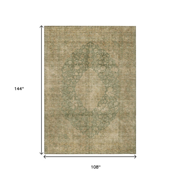 HomeRoots 5' Timeless Artichoke Green and Beige Medallion Indoor Outdoor Area Rug - Washable & Durable Design 9' X 12' 616446