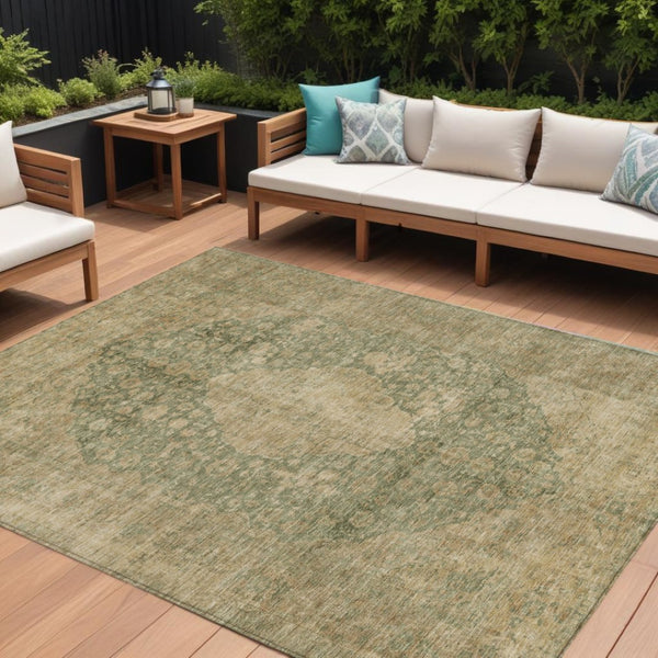HomeRoots 5' Timeless Artichoke Green and Beige Medallion Indoor Outdoor Area Rug - Washable & Durable Design 9' X 12' 616446
