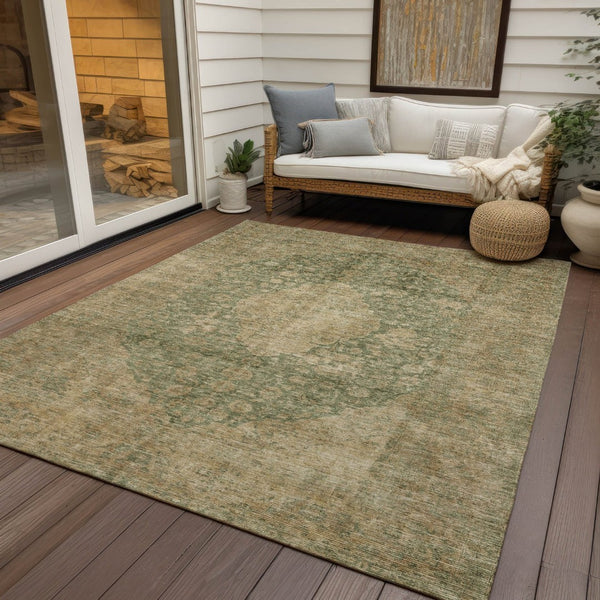 HomeRoots 5' Timeless Artichoke Green and Beige Medallion Indoor Outdoor Area Rug - Washable & Durable Design 10' X 14' 616447