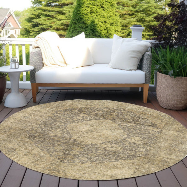 HomeRoots 5' Timeless Brown and Beige Medallion Area Rug - Washable Indoor/Outdoor Design for Durability & Style 8' Round 616450