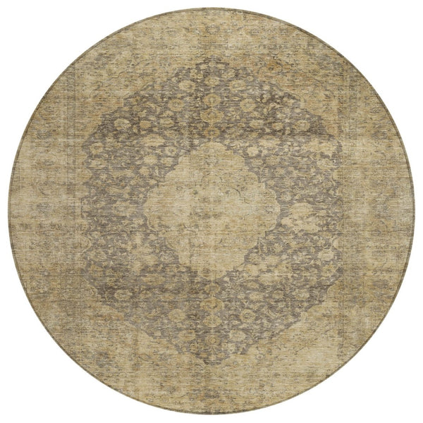 HomeRoots 5' Timeless Brown and Beige Medallion Area Rug - Washable Indoor/Outdoor Design for Durability & Style 8' Round 616450