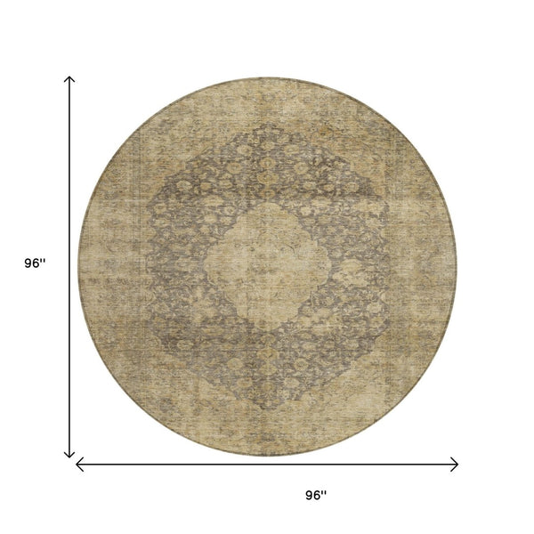 HomeRoots 5' Timeless Brown and Beige Medallion Area Rug - Washable Indoor/Outdoor Design for Durability & Style 8' Round 616450