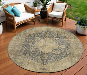 HomeRoots 5' Charcoal and Beige Medallion Washable Area Rug for Indoor and Outdoor Use - Durable and Stylish 8' Round 616462