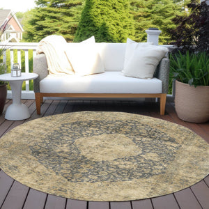 HomeRoots 5' Charcoal and Beige Medallion Washable Area Rug for Indoor and Outdoor Use - Durable and Stylish 8' Round 616462