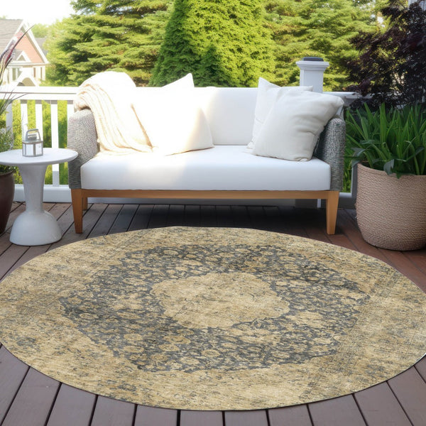 HomeRoots 5' Charcoal and Beige Medallion Washable Area Rug for Indoor and Outdoor Use - Durable and Stylish 8' Round 616462